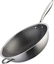 HOMOBABE Stainless Steel Wok Pan with Double Handles Honeycomb Grain Design for Induction Cookers for Frying Potatoes Eggs Steaks More