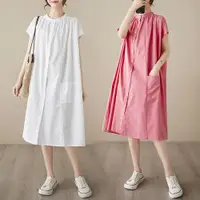 在飛比找ETMall東森購物網優惠-2023新款夏季繡線簡約超大寬松大碼純色亞麻中長裙子襯衫連衣