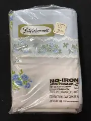 Lady Pepperell Pillowcases (2) Blue Lace Floral 42x36 NOS Vintage