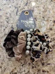 Thalia Sodi 8 piece Hair Accessories Scrunchies Pearls Brown Leopard Print