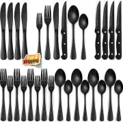 24-Piece Black Silverware Set w/ Steak Knives Stainless Steel Tableware Cutlery