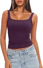 [Darong] Women's Padded Square Neck Tank Tops Summer Double Layer Basic Sleeveless Tank Shirts Built in Bra
