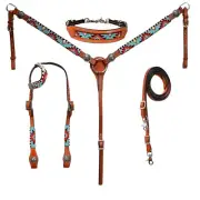 western Leather Equestrian Tooled Beaded Headstall,Breast Collar & Reins. (H043)