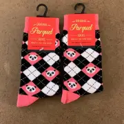 Parquet Women's Shoe Size 4-10 Black Pink Panda Print Fun Crew Socks 2 Pair NWT