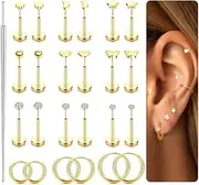 [LOYALLOOK] Threadless Flat Back Earrings 316L Surgical Steel Flat back Nose Stud Gold Cartilage Earrings for Women Men Hypoallergenic Small Hoop CZ Flatback Stud Earrings Push in Tragus Helix Conch Medusa Lip
