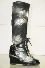 $2120!! NEW CHANEL BLACK SILVER CC SHOES Wedge pony SKINS BOOTS 37 RARE!