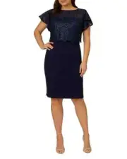 Adrianna Papell Sequin Guipure Lace Sheath Dress Women's 18W Navy Boat Neck~