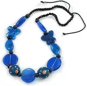 [Avalaya] Signature Wood, Ceramic, Acrylic Bead Black Cord Necklace (Dark Blue/Blue) - 60cm L (Adjustable), One Size, ceramic cords Plastic Wood