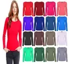 New Womens Long Sleeve Stretchy Plain Round Scoop Neck T Shirt Top UK Size 8-26