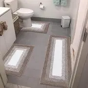 Bathroom Rugs Sets 3 Piece, Non-Slip Absorbent Bath Mats, Extra Soft Plush Shaggy Bath Rugs with U-Shaped Contour Toilet Mat Machine Washable, Coffee