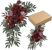 Artificial Flowers Silk Upgraded Swag Set for Wedding Arch Anniversary Welcome Sign Celebration Reception Floral Party Engagement Chair Floral Backdrop Decorations (Burgundy Red)