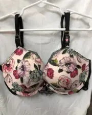 Victoria's Secret Bra 32C Push-up Padded Pink Floral Black Lace Back