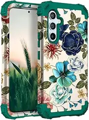 [Hocase] for Galaxy S23 FE Case, Heavy Duty Shockproof Protection Soft Silicone Rubber+Hard Plastic Bumper Hybrid Protective Case for Samsung Galaxy S23 FE 5G (6.4") 2023 - Teal Flowers