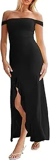 [ISZPLUSH] Women’s Off Shoulder Cocktail Dress Sexy Low Back Asymmetrical Ruffle Hem Club Beach Party Maxi Long Dress