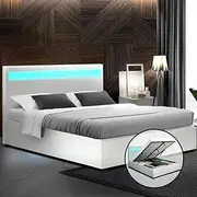Artiss Double Bed Frame Platform RGB LED Headboard Gas Lift Beds Base with Storage Frames Space Bedroom Room Decor Home Furniture, Upholstered with White PVC Leather + Foam + Wood, Modern Design