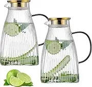 Buaic Glass Pitcher with Lid,2 PACK Large 84 OZ Classic Vertical Stripes Water Pitcher for Fridge Glass Water Carafe for Cold Brew, Coffee, Lemonade, Sun Tea, Beverage, Heat Resistant Water Glass Jug