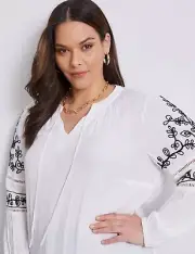 Autograph Peasant Top Plus Size 22 Tunic Shirt Long Slv White Embroidered RP$100