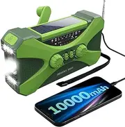 Wind Up Solar Radio w/10000mAh Power Bank, Solar Hand Crank Radio AM/FM Portable NOAA Emergency Weather Radios w/LED Flashlight, Reading Lamp, SOS Alarm for Camping Hiking Outdoor-Green