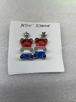 Betsey Johnson Red White And Blue Lucite Teddy Bear Earrings Nwt Rare
