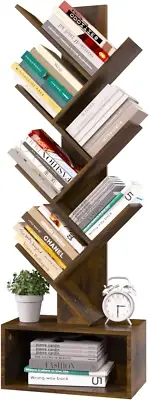 Tree Bookshelf - 6 Shelf Retro Floor Standing Bookcase, Tall Wood Book Storage R