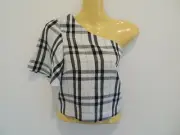 *SABA* STUNNING MONOCHROME TARTAN-PRINT LINEN ONE-SHOULDER TOP sz14 NWT!!!