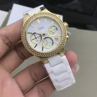 在飛比找Yahoo!奇摩拍賣優惠-【熱賣精選】替換錶帶 DKNY手錶三眼白色陶瓷錶金色鑲鉆錶盤
