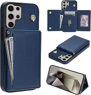 [Asuwish] Mobile Phone Case for Samsung Galaxy S24 Ultra 5G Case with Strap Card Slot Foldable Glitter Leather Wallet Stand S24Ultra 24S S 24 24Ultra Mobile Phone Cases Protective Phone Case Blue