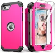 IDweel for iPhone SE 2020 Case with Tempered Glass Screen Protector,for iPhone SE 2022 Case, 3 in 1 Shock Absorption Slim Heavy Duty Hard PC Cover Soft Silicone Bumper Full Body Cover,Rose Red