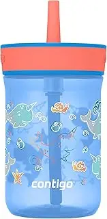 Contigo Leighton Kids Plastic Water Bottle, 14oz Spill-Proof Tumbler with Straw for Kids, Dishwasher Safe, Blue Poppy/Narwhals