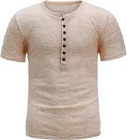 [Zylphorix] Men's Silk Short Sleeve Henry T-Shirt Half Button Slim Fit Daily Shirt Summer Classic Comfy Casual Polo Shirt, Khaki, X-Large