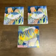 3 qty JEFFERY COURT 4.25" Decorative Fish Tiles 2 Patterns Conch Anemone Coral