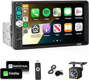 Single Din Car Stereo Radio with Carplay Android Auto,Podofo 7Inch 1080P HD IPS Touchscreen 5.1Bluetooth Car Radio Audio Support FM Radio EQ Mirror Link SWC USB/TF/Aux-in Ports+Backup Camera