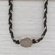 New Tags Nina Wynn Druzy Quartz Cordelia Necklace Woven Dark Brown Leather