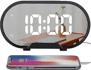 Lancoon Digital Alarm Clock, Mirrored LED Clocks with 2 USB Charger Ports Easy Snooze Function Adjustable Volume 0-100% Brightness Dimmer 12/24 Hour Display for Bedroom Home Office (Black)