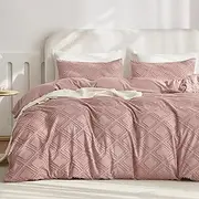 JELLYMONI Pink Duvet Cover King Size - Microfiber Tufted Duvet Cover Set, Boho Textured Duvet Cover Jacquard Rhombus Geometric Pattern Duvet Cover with Corner Ties & Zipper Closure