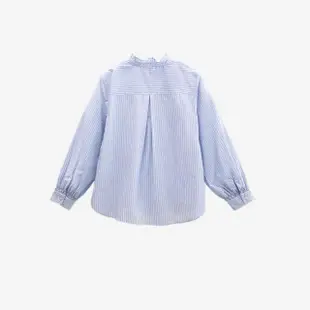 【Arnold Palmer 雨傘】女裝-優雅荷葉拼接直條紋長袖襯衫(藍色)