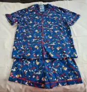 Dr Seuss Cat In The Hat Mens Blue Printed 2 Piece Button Up Pyjama Set Size S