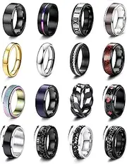 [Adramata] Men's Stainless Steel Rings Set, Anxiety Rings, Cool Band Rings, Anxiety Rings, Silver Black Ring for Men, Spinner Ring, Fidget Ring for Anti-Stress, Pack of 16