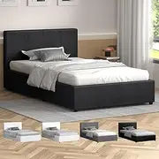 ALFORDSON Bed Frame with Gas Lift Storage Base King Single Size, Bed Platform Foundation with Linen Fabric Upholstered Tufted Headboard for Mattress Topper, Tricia Fabric Charcoal