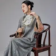 [SMDSAZ] Spring Traditional Chinese Cheongsam Elegant Stand Collar Loosen Dresses for Women Improved Buckle Qipao Tea Tang Suit (Color : Gray, Size : XXL)
