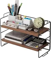 Joiena Desktop Bookshelf 2 Tier Organizer, Adjustable Wood Desktop Bookcase Office Desk Display Storage Shelf Rack, Plant Stand, Decor for Kids, Office Kitchen Living (Walnut)