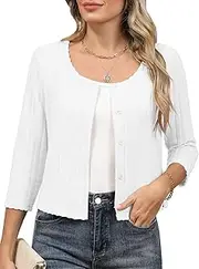 [AFVETUT] Women's 3/4 Sleeve Crew Neck Bolero Shrug Cropped Cardigans Sweaters Button Down Open Front for Dresses, White, Small