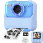 Kids Camera Instant Print for Boys and Girls,1080P HD Dual-Lens Selfie Digital Camera with Print Paper & 32G Card, Christmas Birthday Gifts-Blue