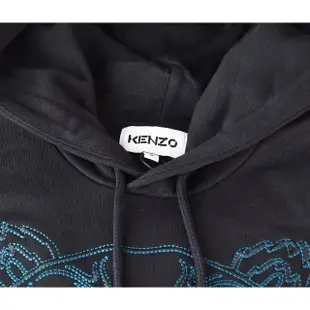 【KENZO】KENZO刺繡藍字LOGO大虎頭設計抽繩連帽長袖T恤(黑)