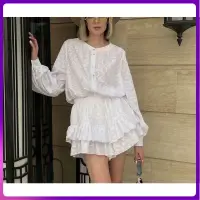在飛比找蝦皮商城精選優惠-ZA春季新款套裝 蕾絲刺繡白襯衫+荷葉邊短褲裙9256850
