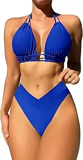 [Generic] Women's Bikini Set Tummy Control High-Waisted Swimsuit Sexy V-Neck Bathing Suit Push-Up 2-Piece Swimsuit Slimming Swimwear Summer Beachwear