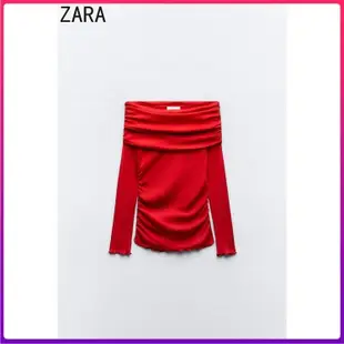 ZARA 新款女裝歐美風緊身顯瘦一字領氣質褶皺裝飾棉T恤 5644857