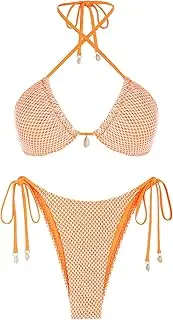 [ZAFUL] Women's Triangle Bikini Multiway Fishnet Tie Side Bandeau Halter String Bikini Set Two Piece Swimsuit Bathing Suits, 1-orange, M