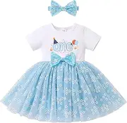 [IBTOM CASTLE] Baby Girl 1st 2nd Birthday Outfit Blue Dog Sequin Bow Floral Tutu Birthday Dress for Cake Smash Photoshoot