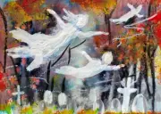 ORIGINAL ACEO Halloween GRAVEYARD Soul GHOST Tree Fall Autumn Spirit ATC ART
